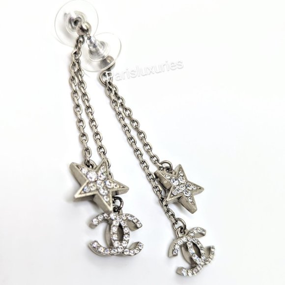 CHANEL Long Dangle Stars Crystals Rhinestones CC Chain Earrings - Picture 3 of 8